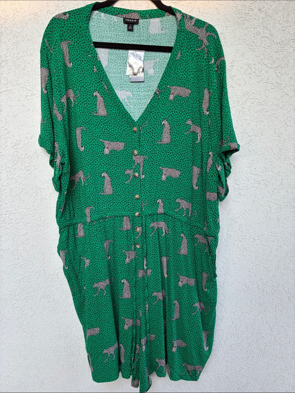 TORRID Green leopard print v neck button up tie waist romper with pockets!